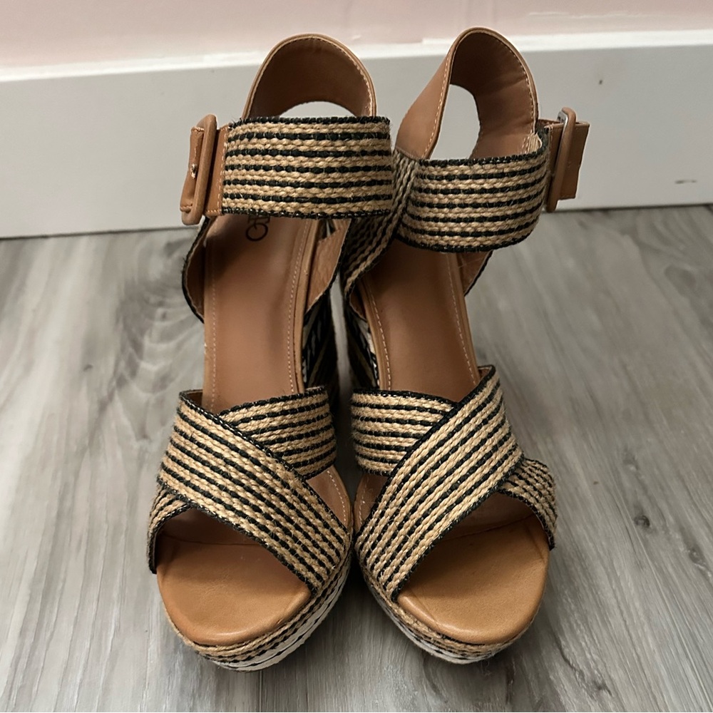 Black and Tan Wedge Sandals with Ankle Strap